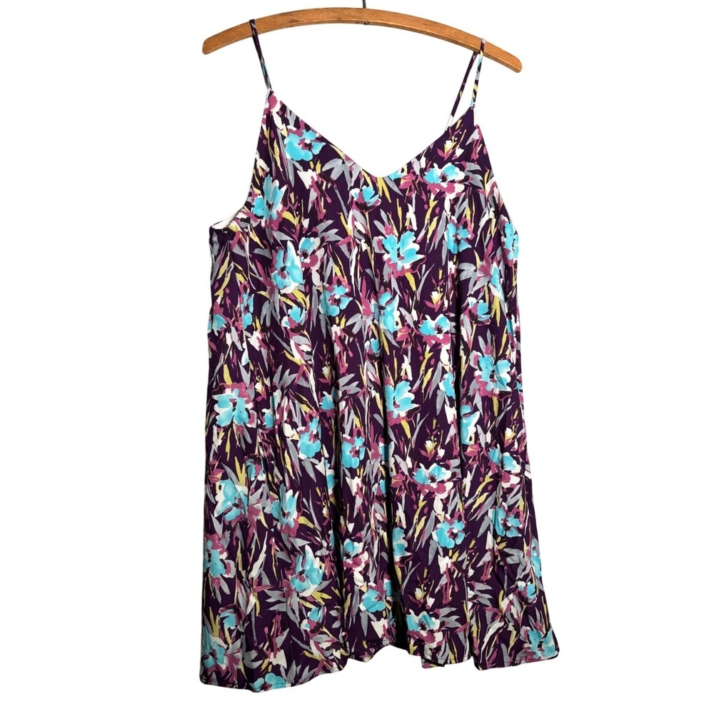 Peach‎ Love California Purple Floral Mini Dress V-Neck Spaghetti Strap Womens L